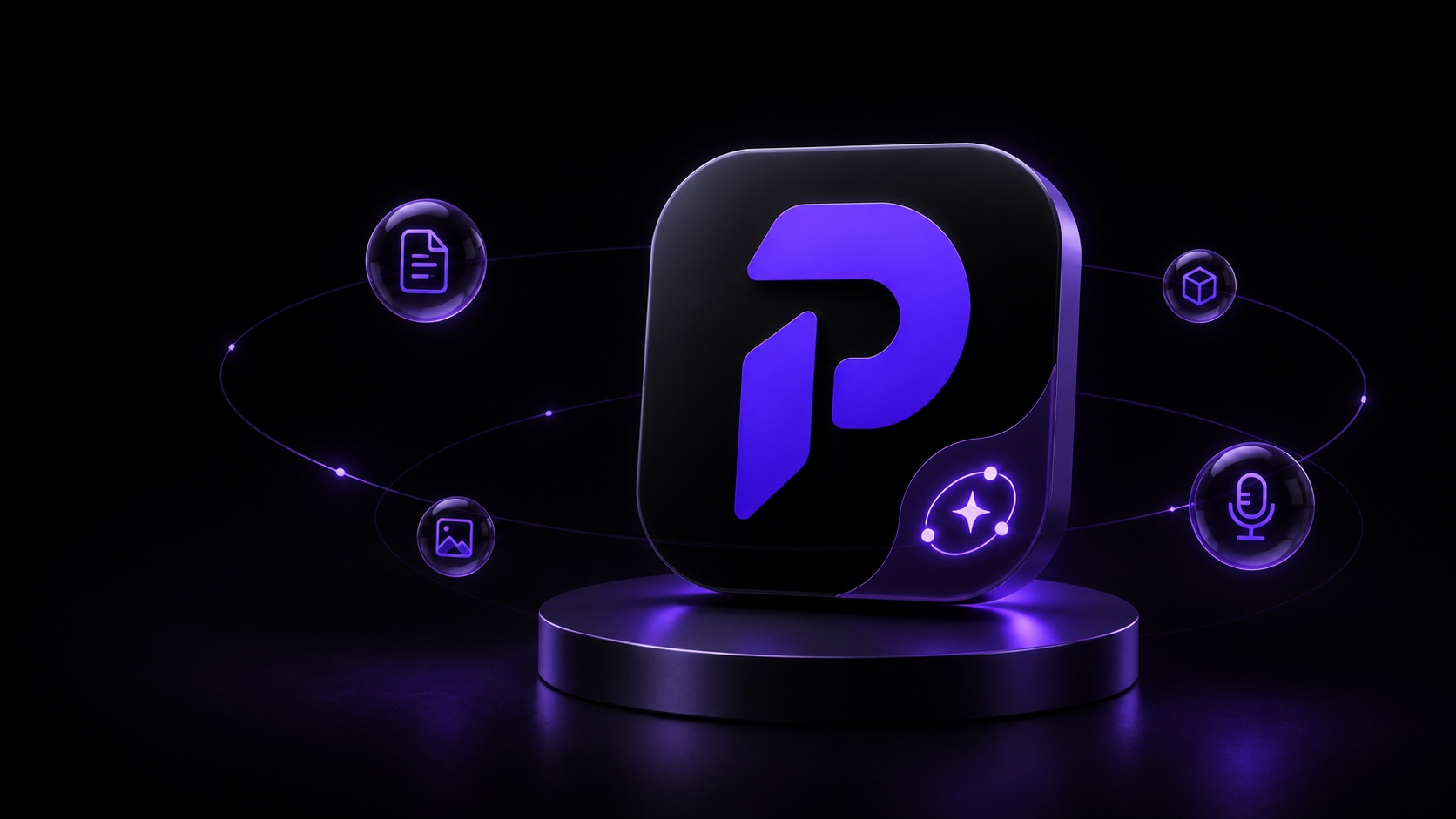 Priviot AI symbol surrounded by icons for documents, images, models, and voice