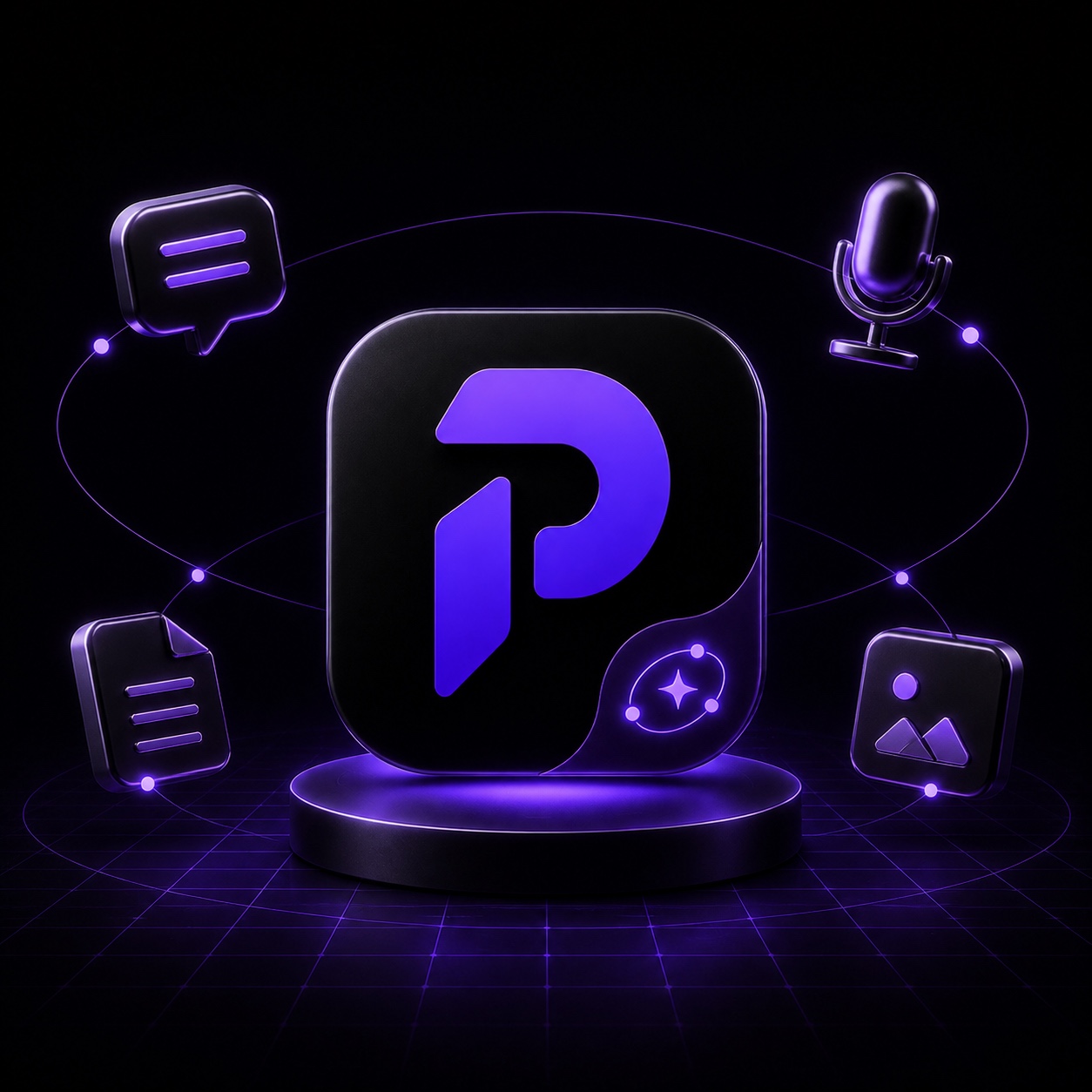 Priviot AI symbol connected to chat, document, image, and voice capabilities