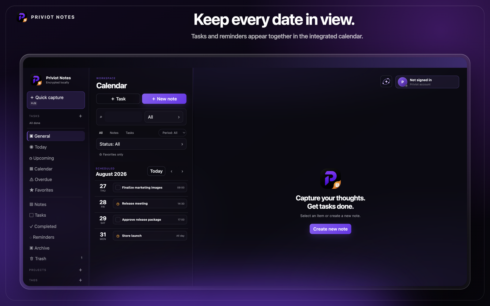Calendar and scheduled tasks in Priviot Notes