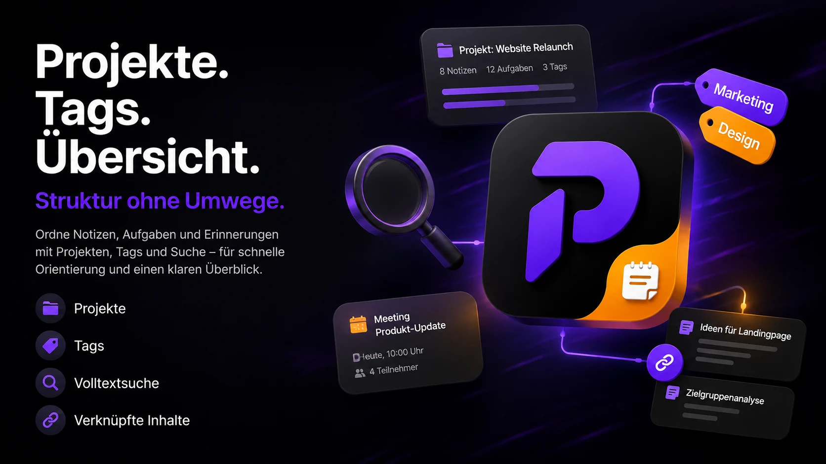 Projekte und Tags in Priviot Notes