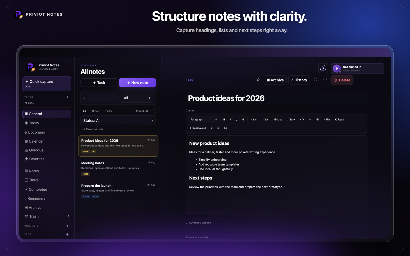 Projects and tags in Priviot Notes