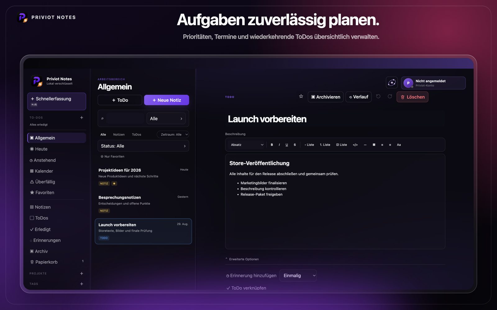 Notizenübersicht in Priviot Notes