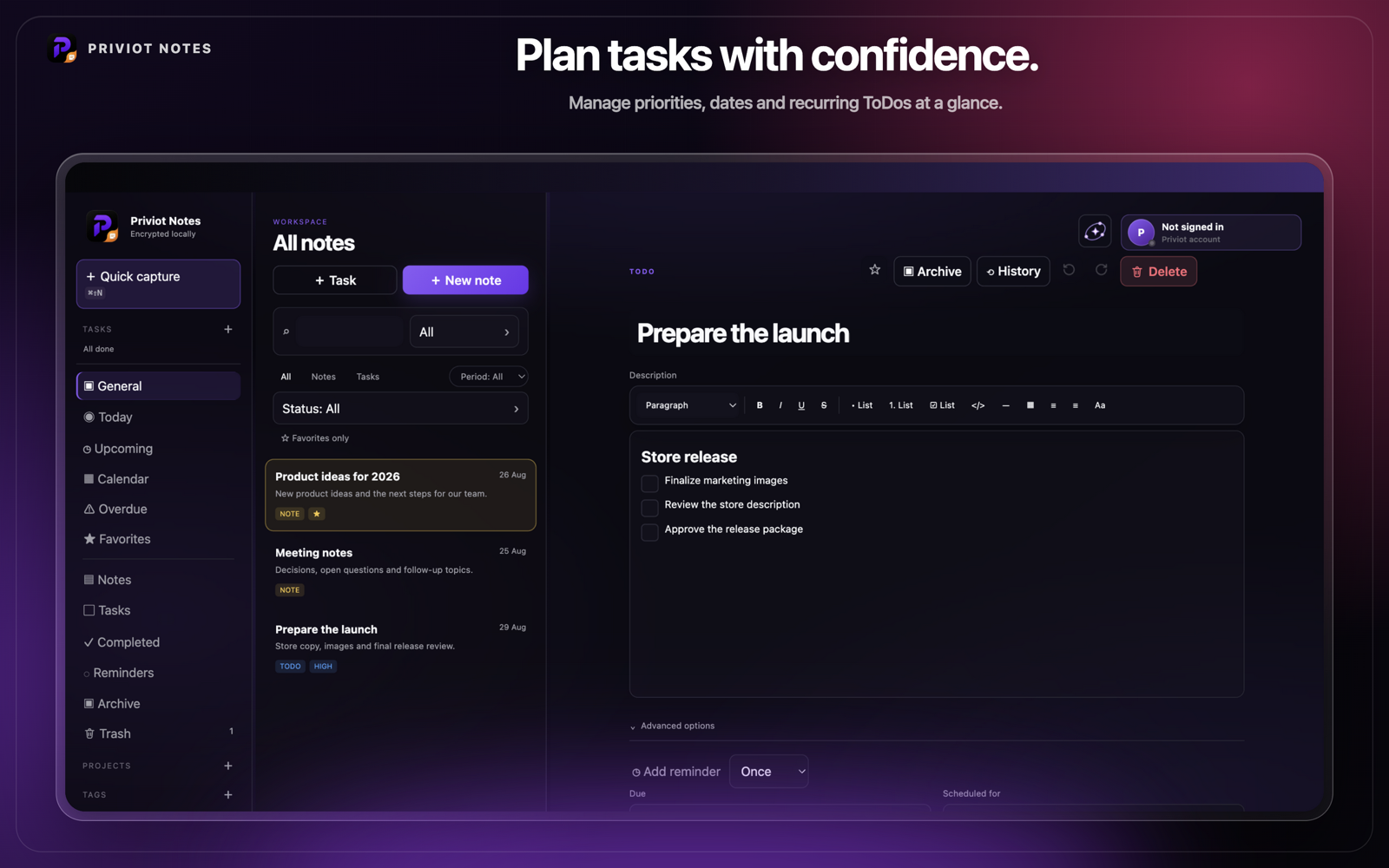 Quick capture in Priviot Notes