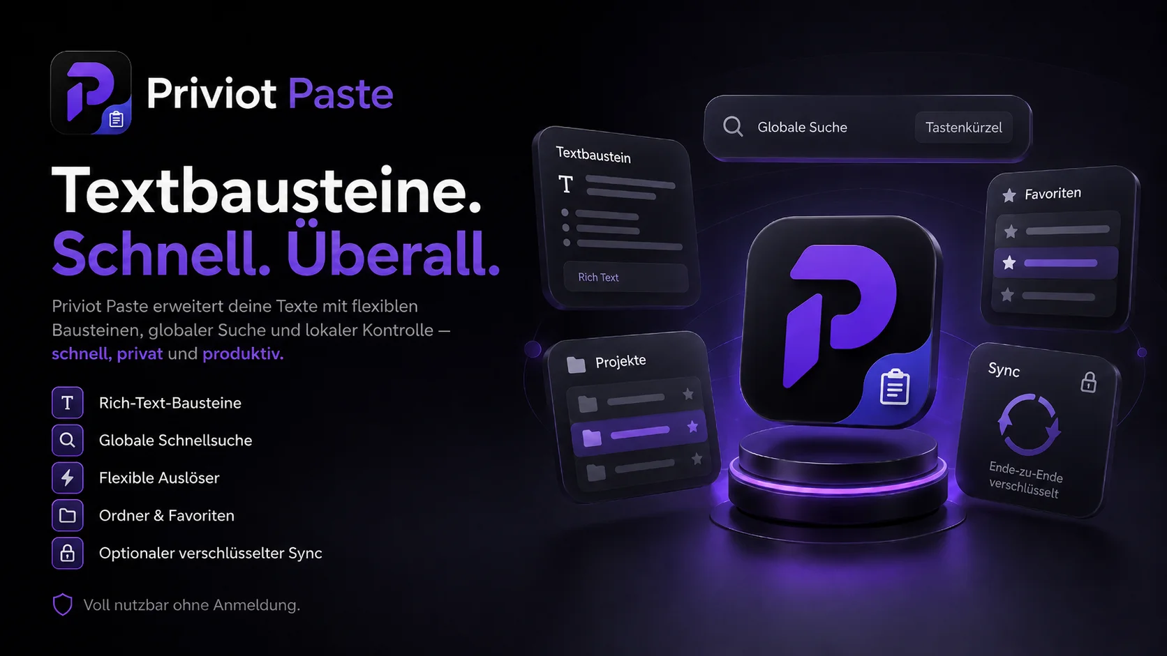 Priviot Paste mit Textbausteinen, globaler Schnellsuche, Ordnern und optional verschlüsseltem Sync