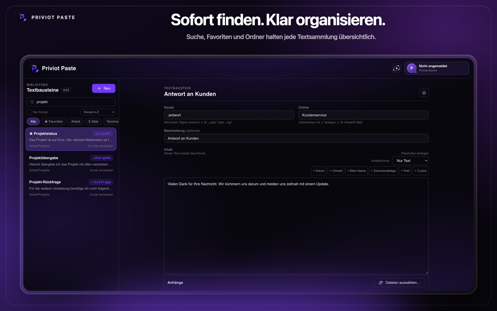 Suche, Ordner und Organisation in Priviot Paste