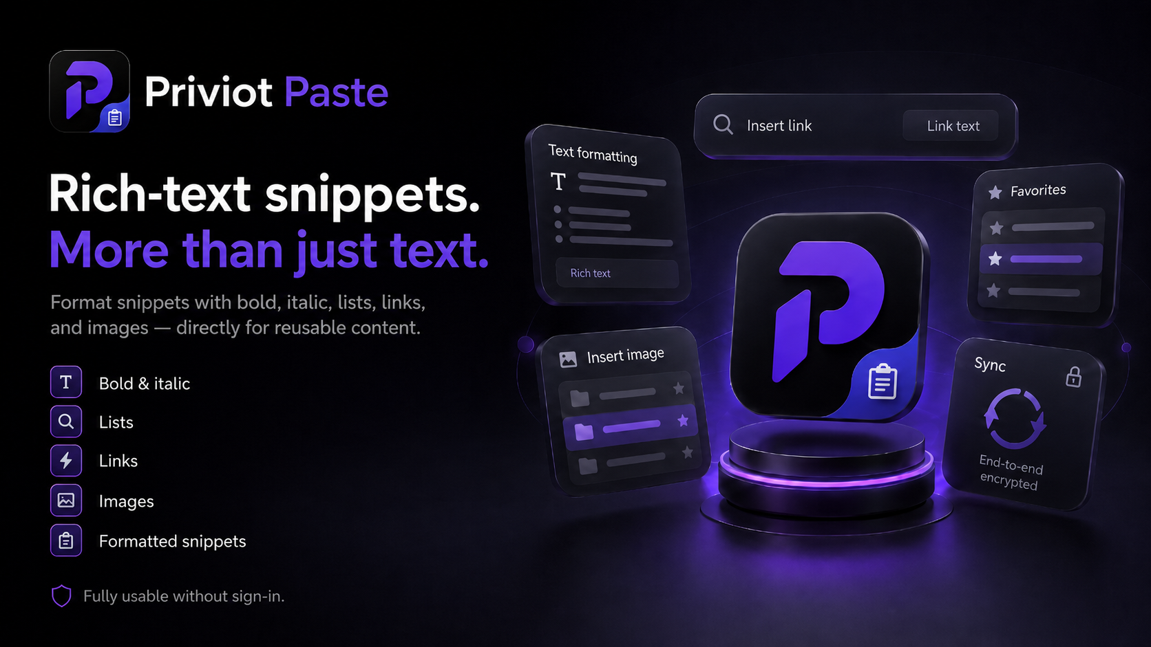 Priviot Paste supports formatted snippets with lists, links, and images