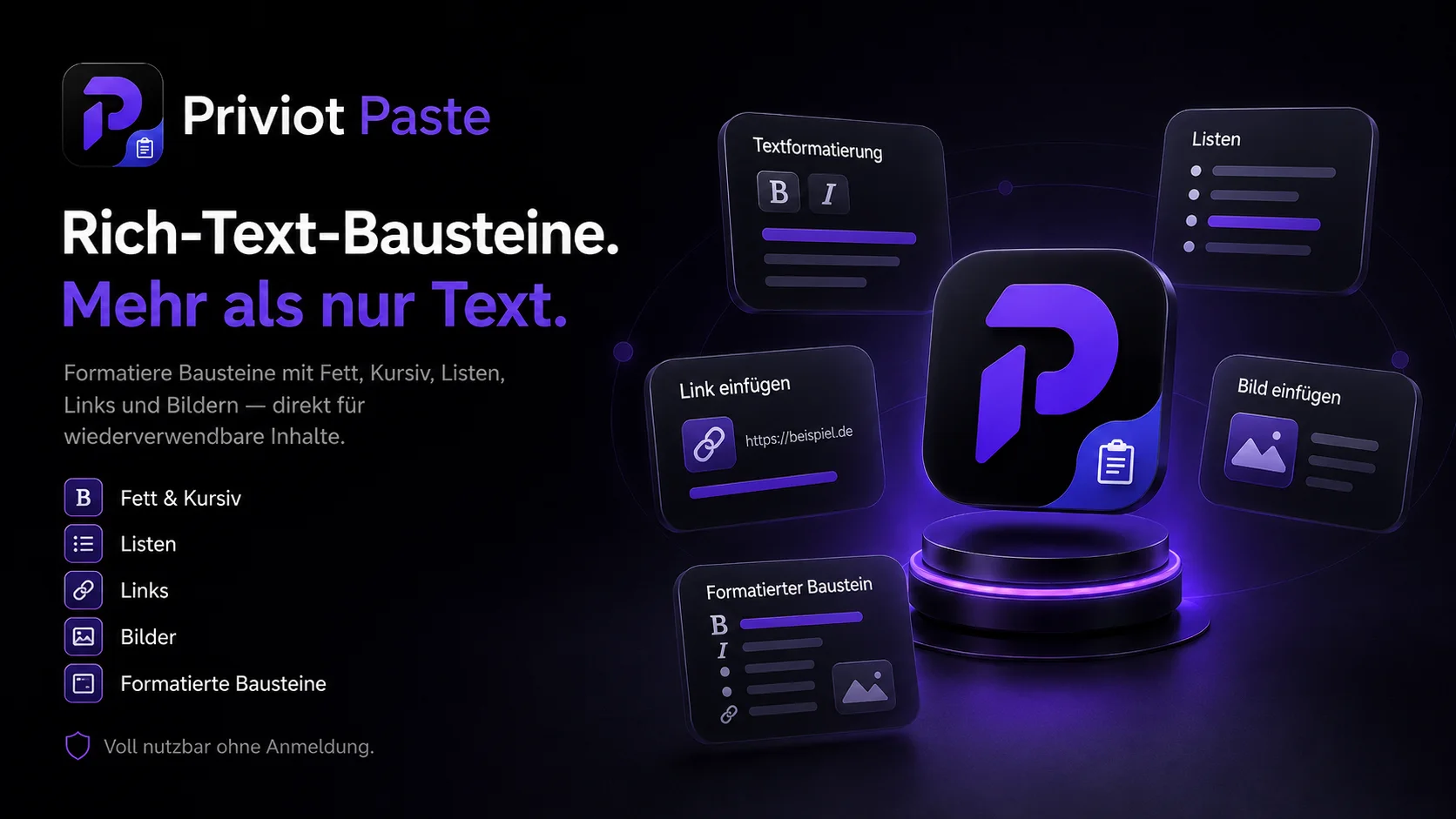 Priviot Paste unterstützt formatierte Textbausteine mit Listen, Links und Bildern