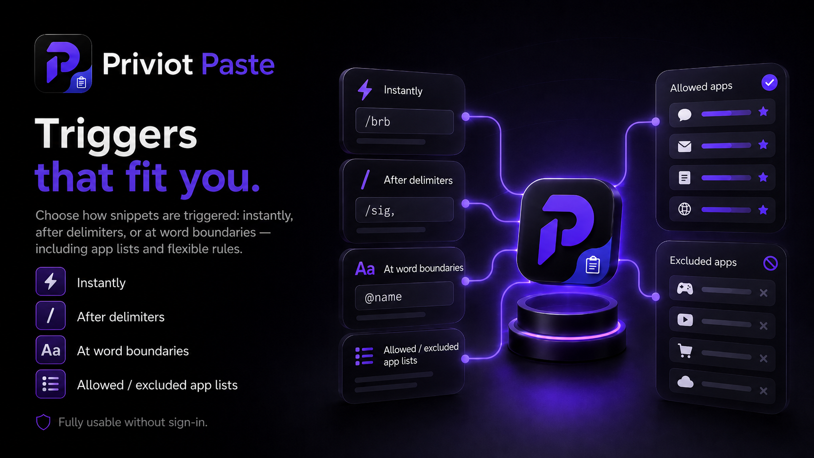 Flexible triggers and application filters in Priviot Paste