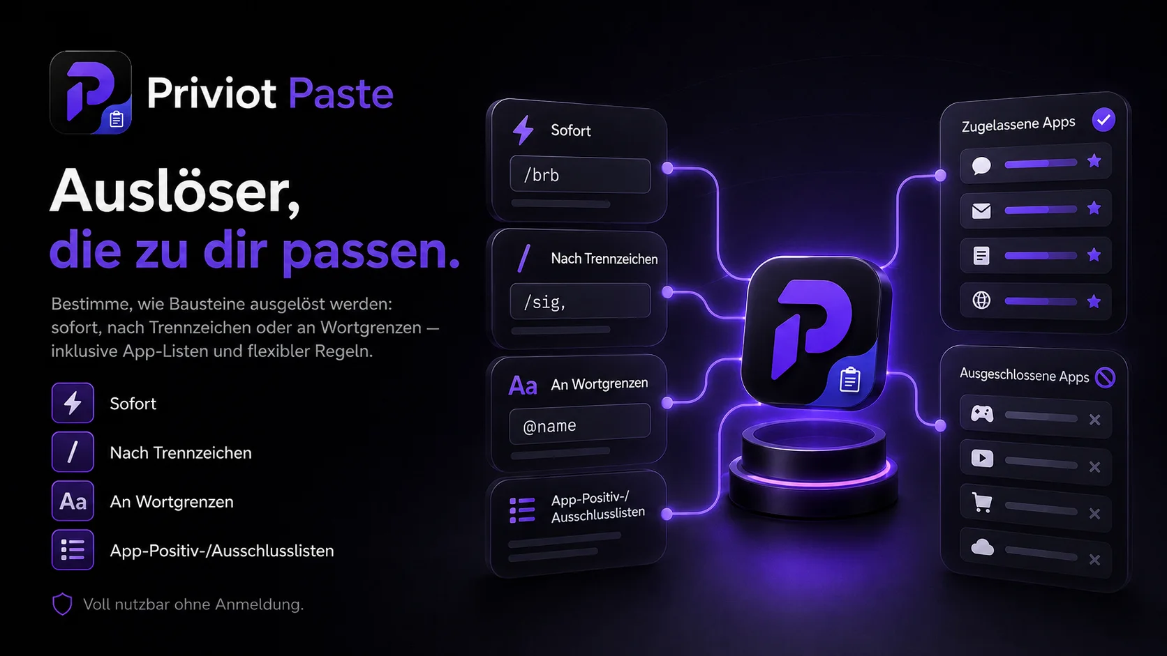 Flexible Auslöser und App-Filter in Priviot Paste
