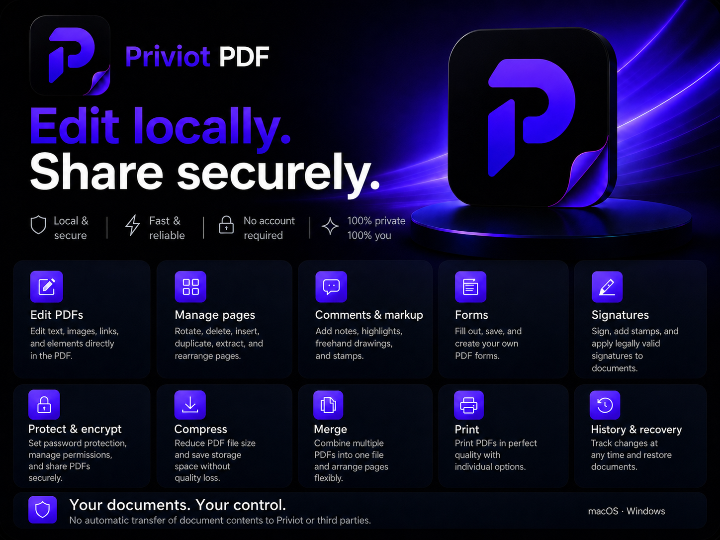 Priviot PDF with the slogan Edit locally. Share securely. and an overview of essential PDF tools
