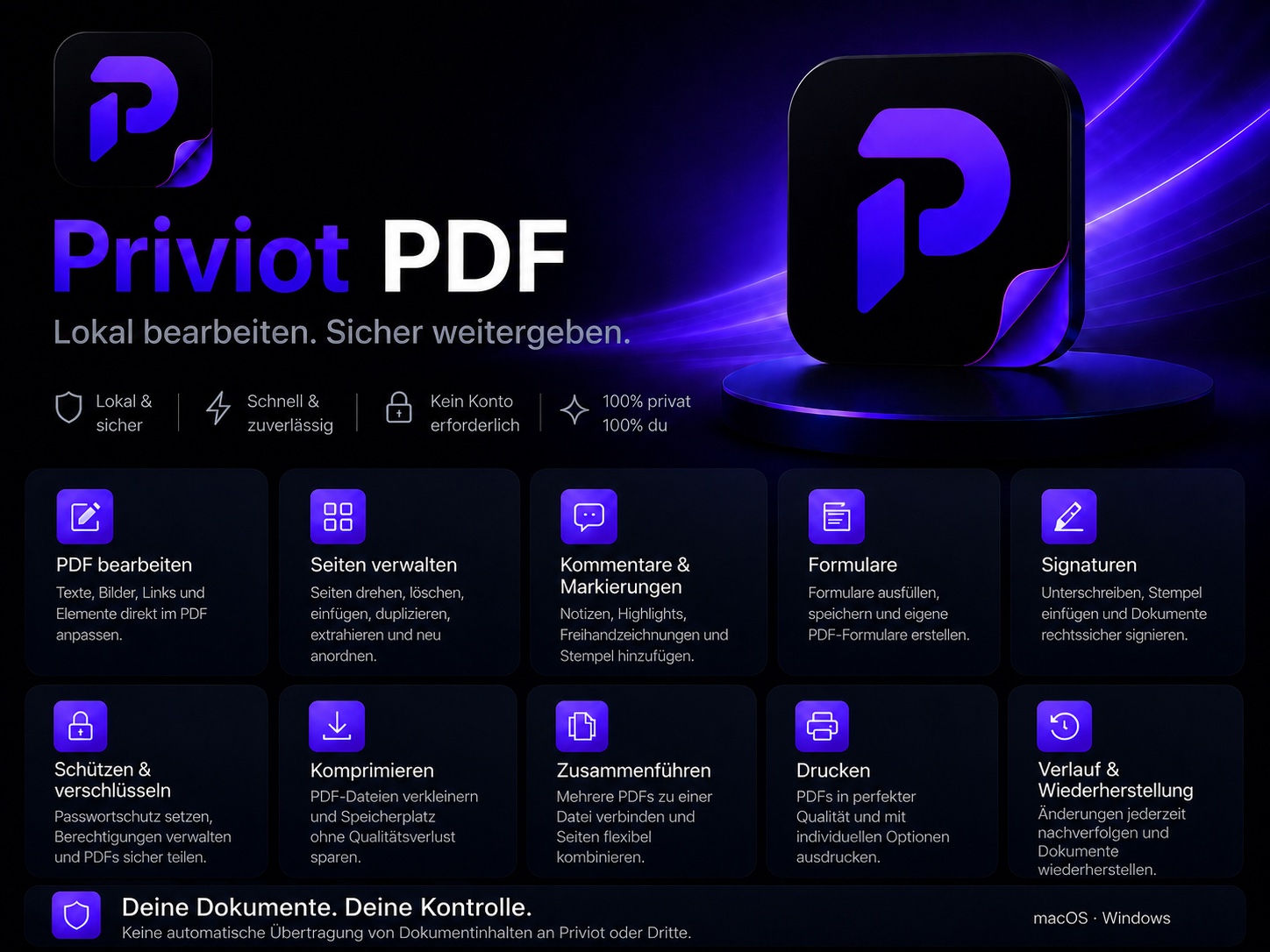 Priviot PDF mit dem Slogan Lokal bearbeiten. Sicher weitergeben. und einer Übersicht zentraler PDF-Werkzeuge