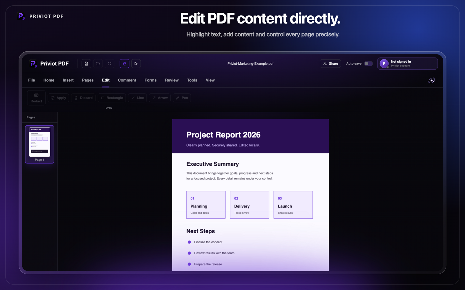 Priviot PDF overview of text editing, forms, merging, and compression