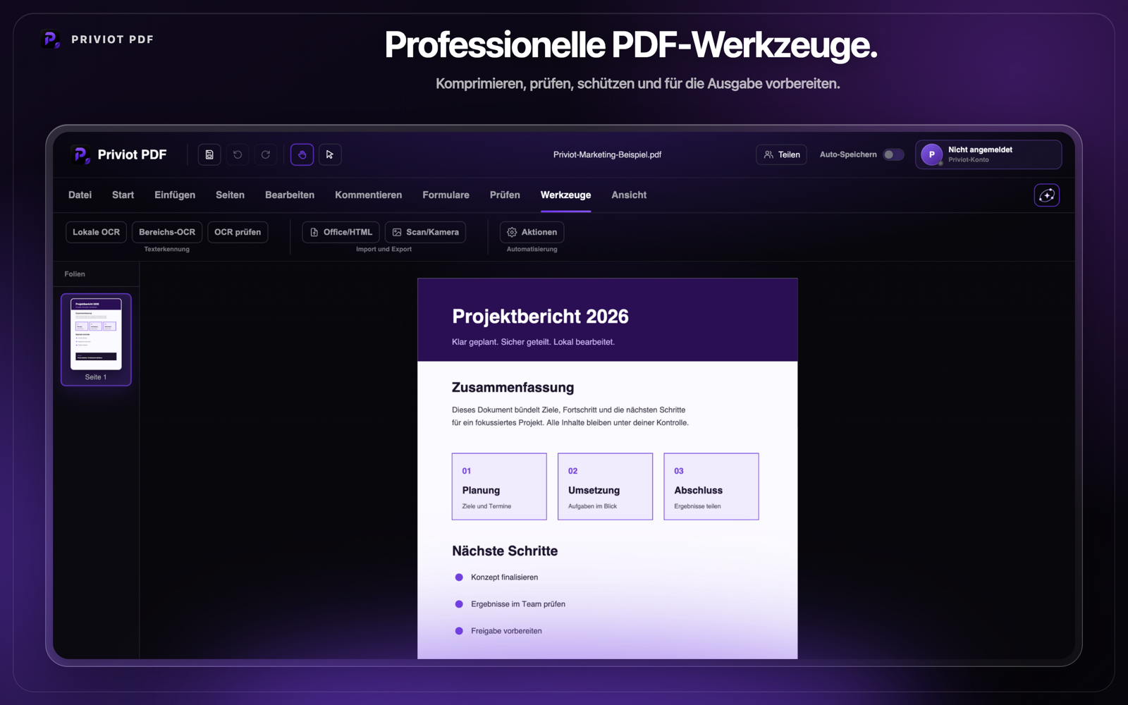 Priviot PDF für den PDF-Alltag mit Öffnen, Kommentieren, Drucken, Schützen und Exportieren