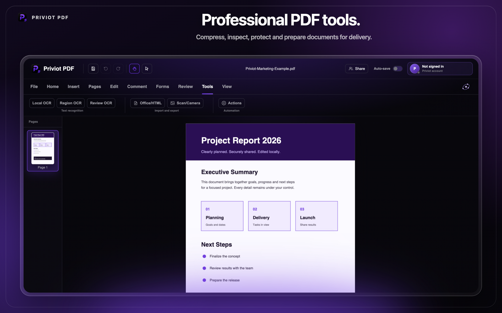 Priviot PDF for everyday workflows including opening, commenting, printing, protecting, and exporting