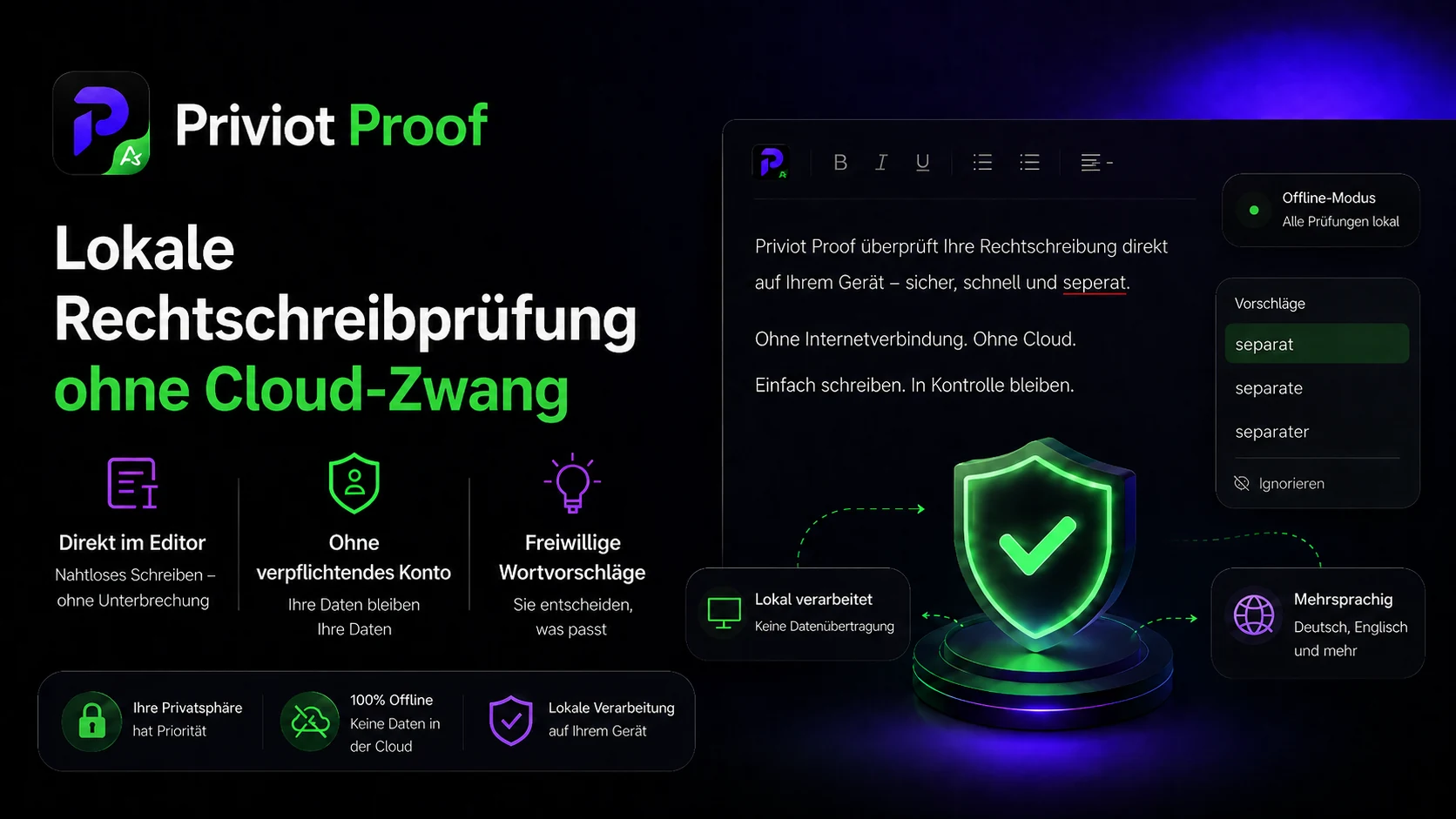 Priviot Proof läuft vollständig lokal, ohne Internetverbindung und ohne Cloud-Zwang