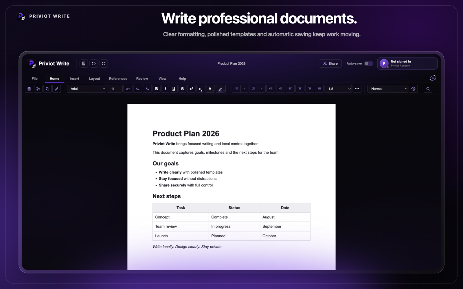 Priviot Write symbol surrounded by document, pen, formatting, and template symbols