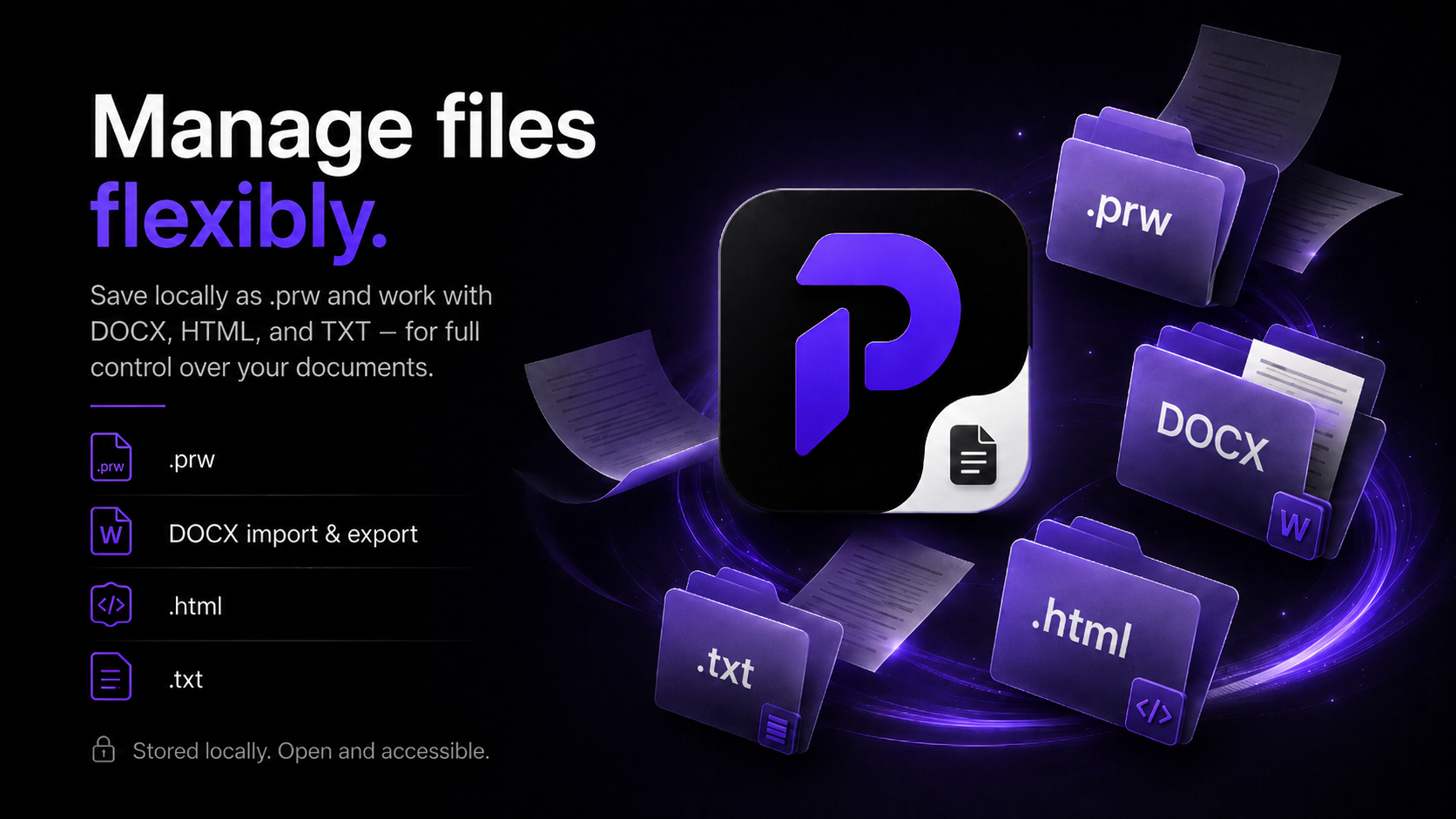 File formats supported by Priviot Write: .prw, DOCX, HTML, and TXT