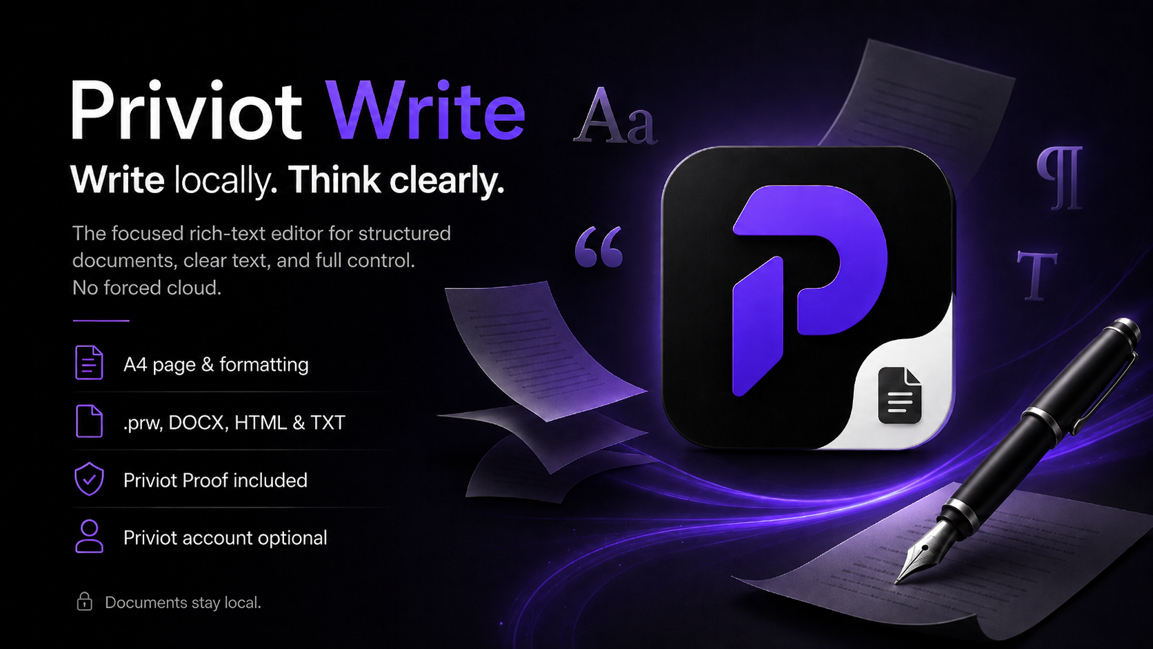 Placeholder view of Priviot Write with a document page, ribbon, outline, and properties panel