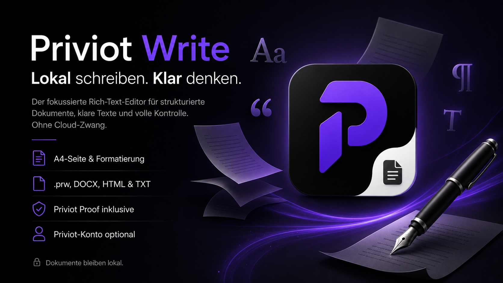 Platzhalteransicht von Priviot Write mit Dokumentseite, Ribbon, Gliederung und Eigenschaften