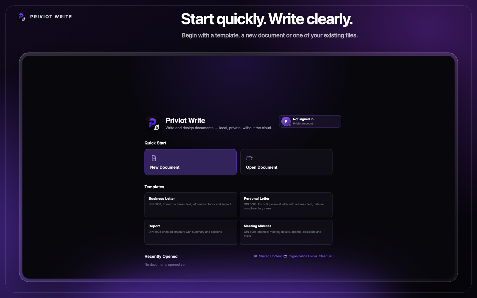 Template selection in Priviot Write: business letter, report, meeting minutes, and personal letter