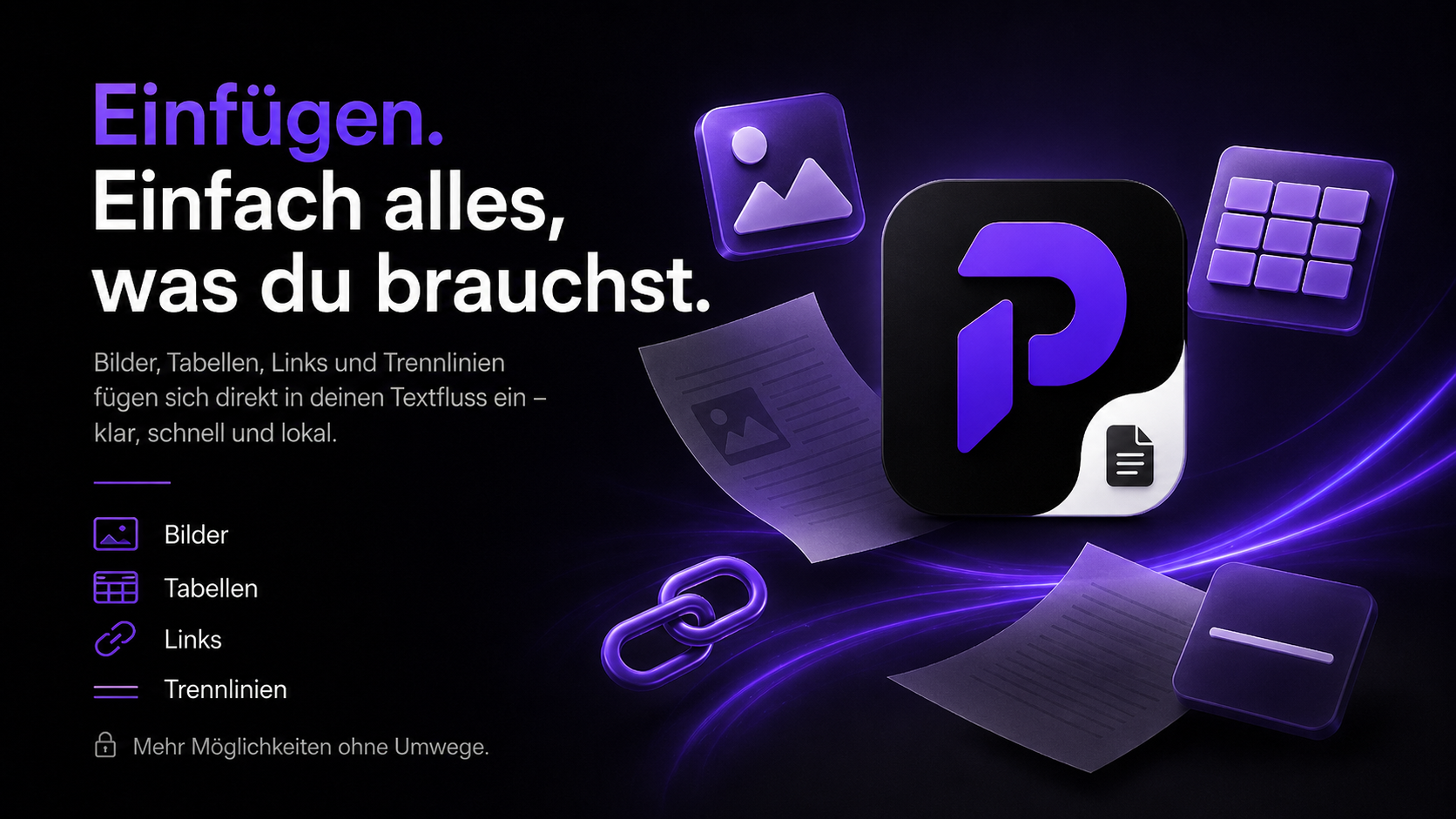 Werkzeuge zum Einfügen von Bildern, Tabellen, Links und Trennlinien in Priviot Write
