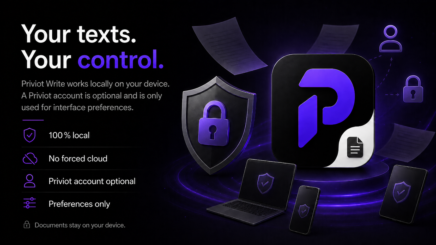 Your texts, your control: Priviot Write works locally, a Priviot account is optional