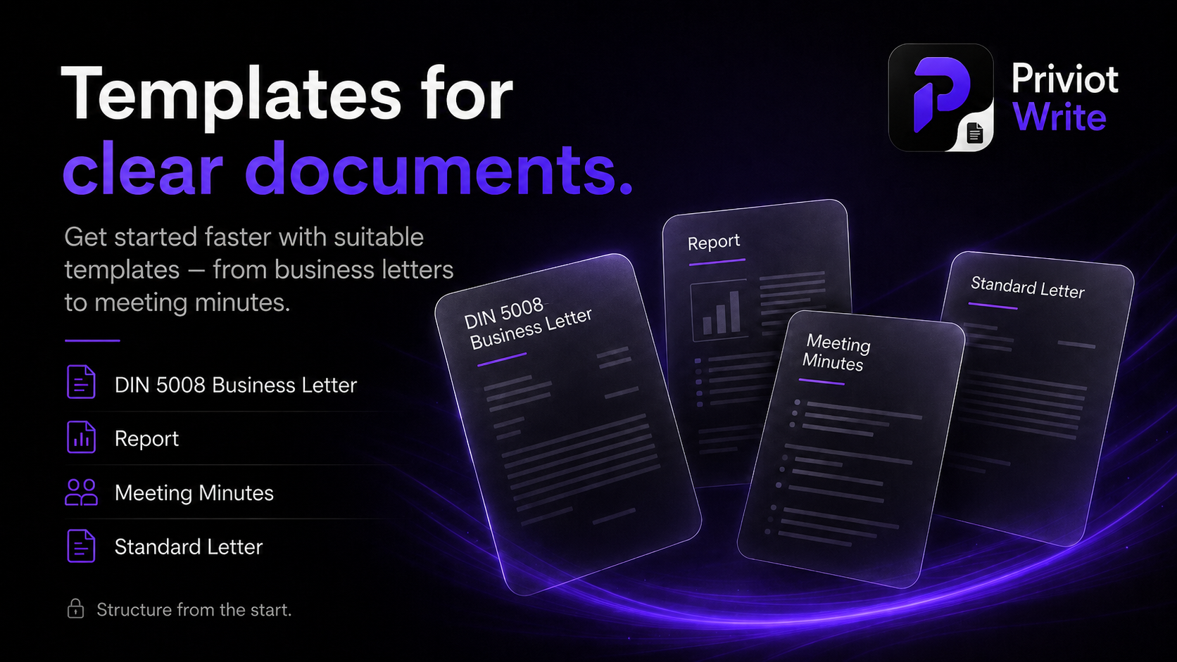 Template selection in Priviot Write: business letter, report, meeting minutes, and personal letter