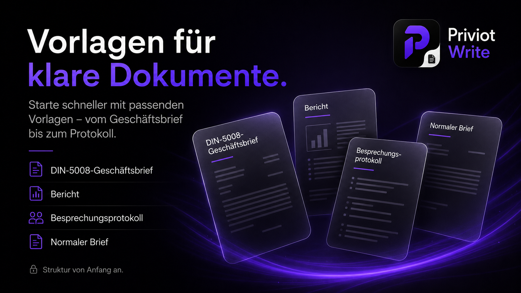 Vorlagenauswahl in Priviot Write: Geschäftsbrief, Bericht, Besprechungsprotokoll und Normaler Brief