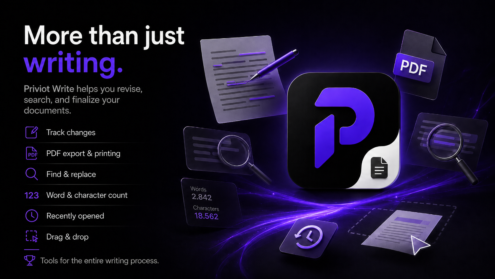 More Priviot Write tools: change tracking, PDF export, find and replace, and word and character count