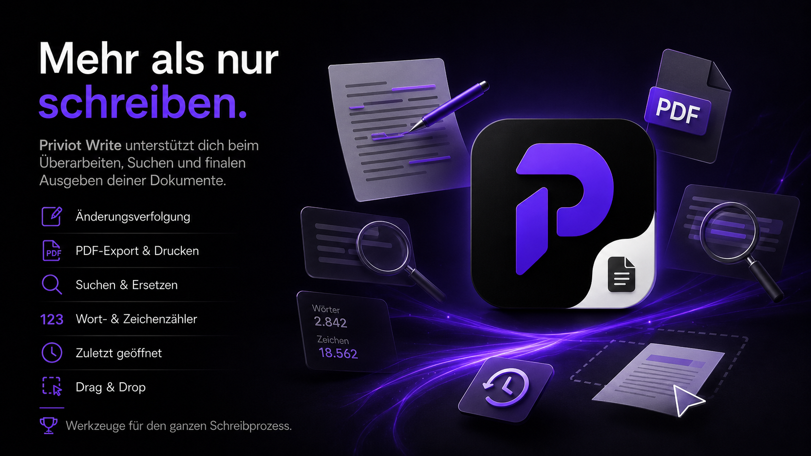Weitere Werkzeuge in Priviot Write: Änderungsverfolgung, PDF-Export, Suchen und Ersetzen sowie Wort- und Zeichenzähler