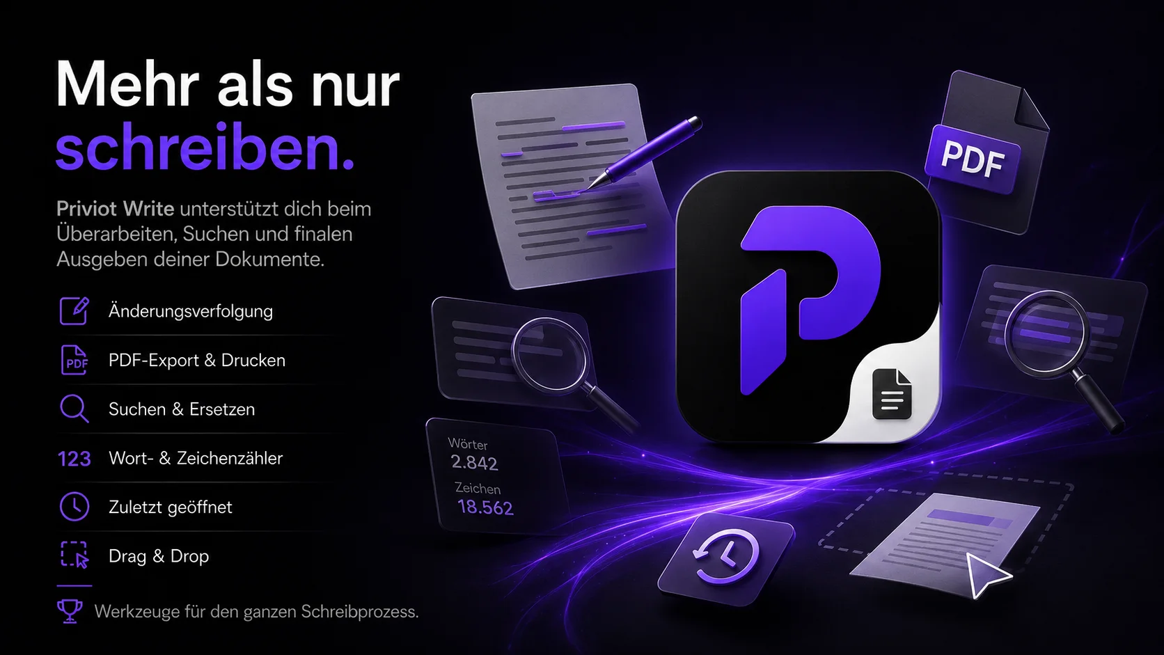 Weitere Werkzeuge in Priviot Write: Änderungsverfolgung, PDF-Export, Suchen und Ersetzen sowie Wort- und Zeichenzähler
